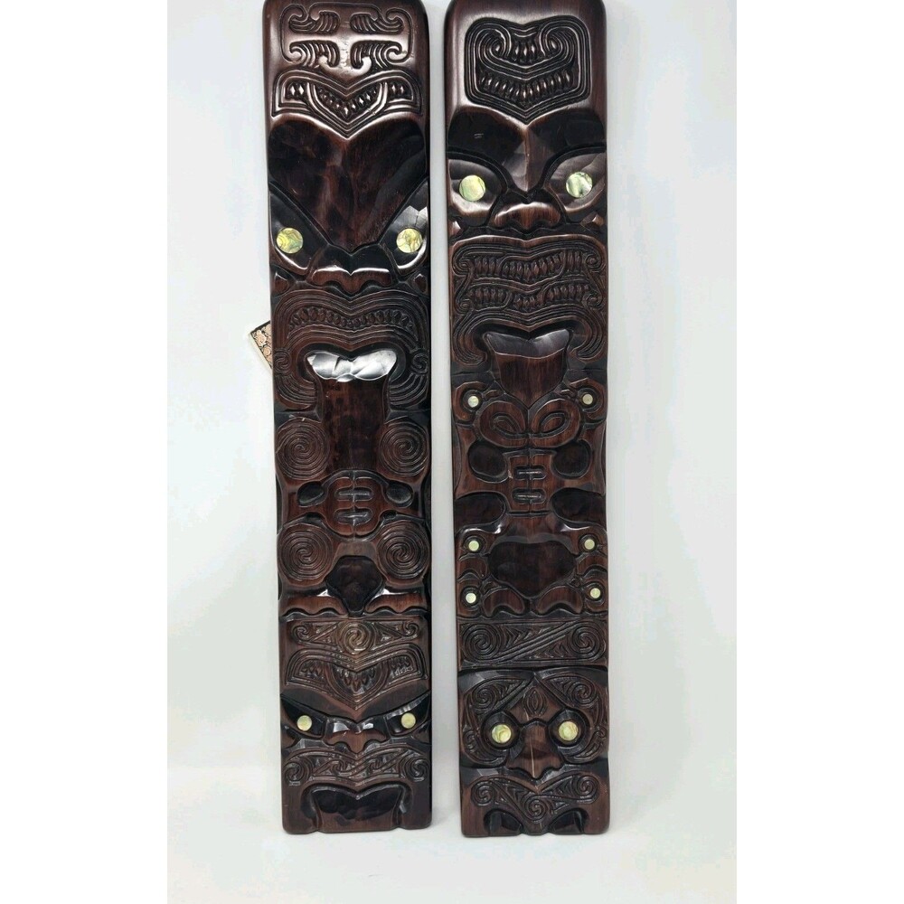 VINTAGE MOKO AUTHENTIC MAORI PACIFIC ARTS WOOD PANELS DECOR SET OF 2 NEW ZEALAND